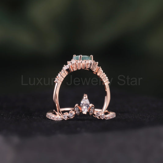 Elegant Halo Princess Cut Moss Agate Ring Set 2pcs - image 2