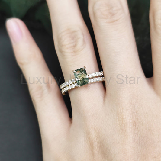 Emerald Cut Moss Agate Classic Engagement Ring Set 2pcs - image 2