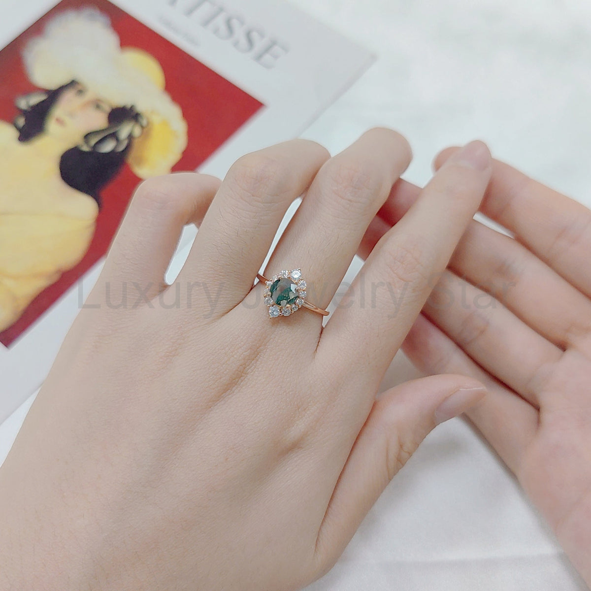 Halo Round Vintage Moss Agate Engagement Ring - image 2