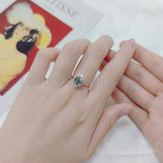 Halo Round Vintage Moss Agate Engagement Ring - image 2
