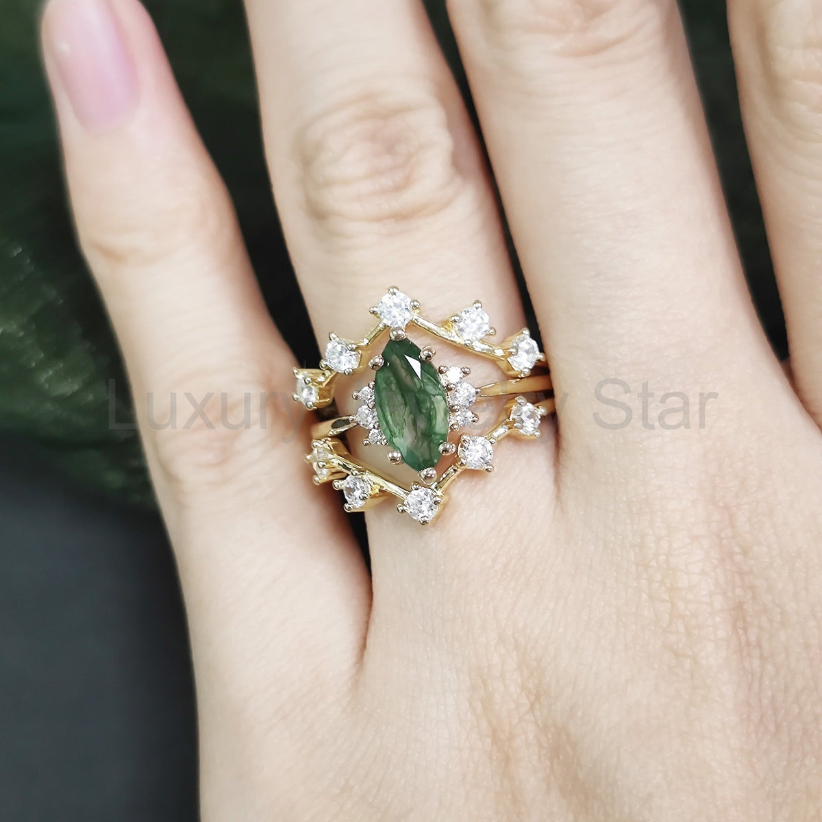 Marquise Cut Moss Agate Cluster Vintage Ring - image 6