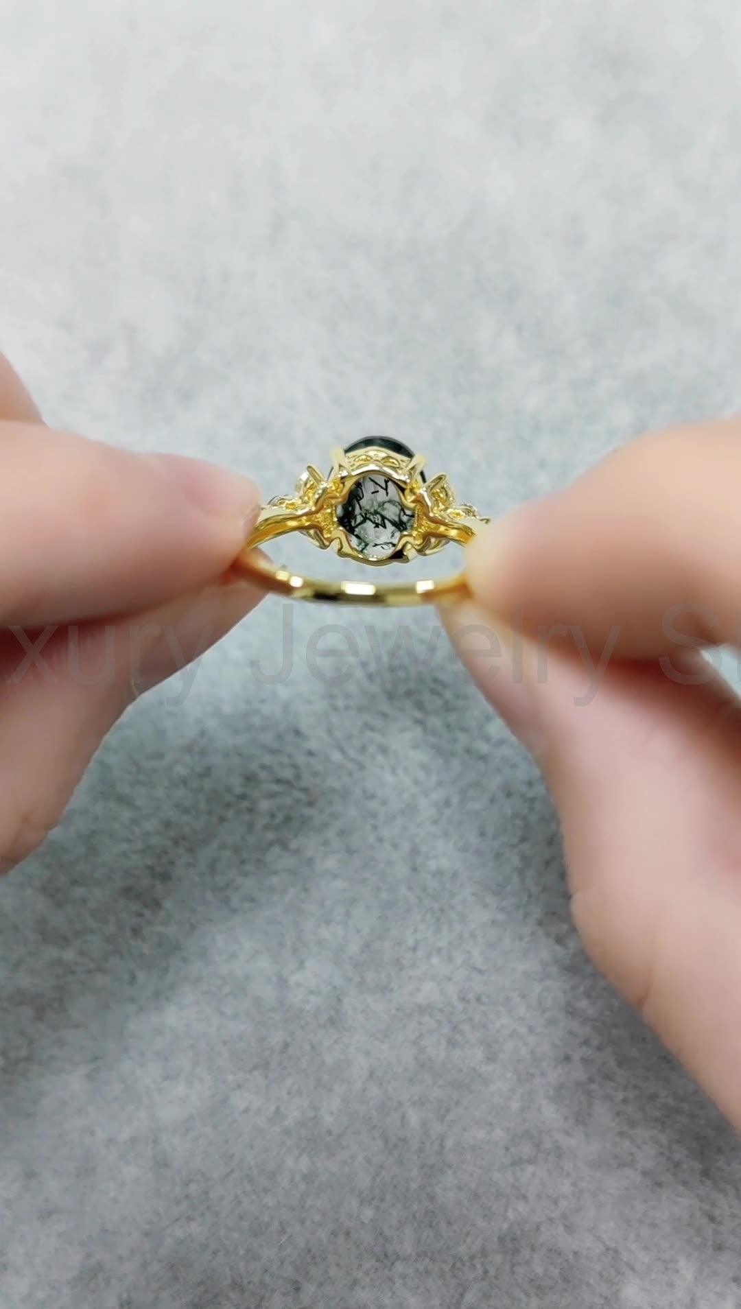 Oval Classic Moss Agate Cluster Engagement Ring - image 6