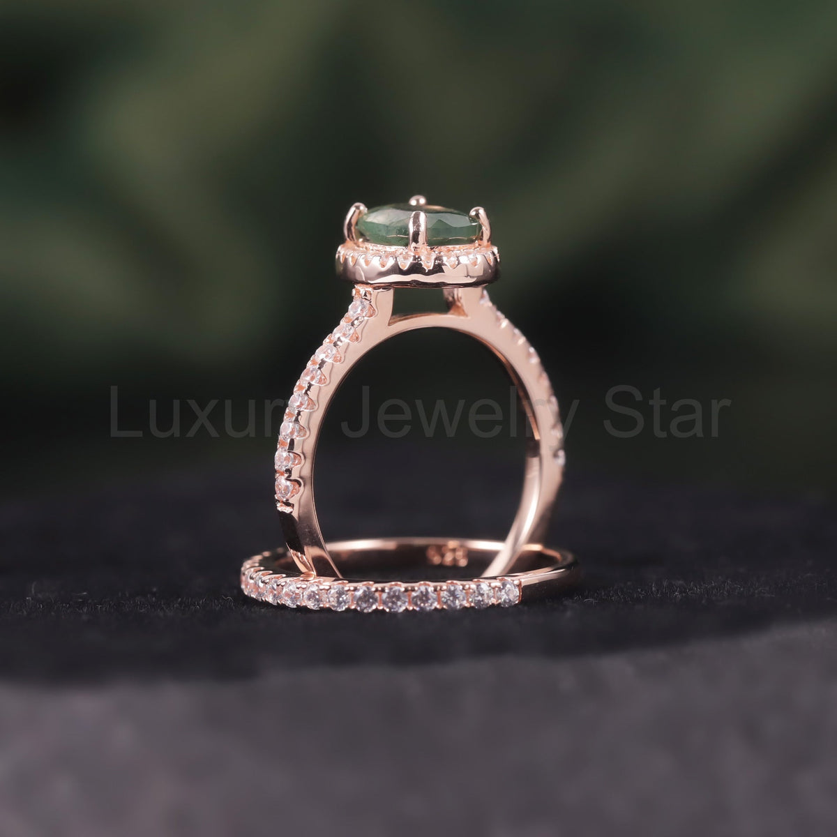 Oval Halo Zircon Pave Moss Agate Classic Engagement Ring Set 2pcs