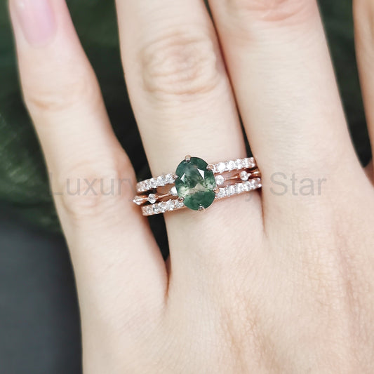 Oval Moss Agate Classic Engagement Ring Set 3pcs - image 2