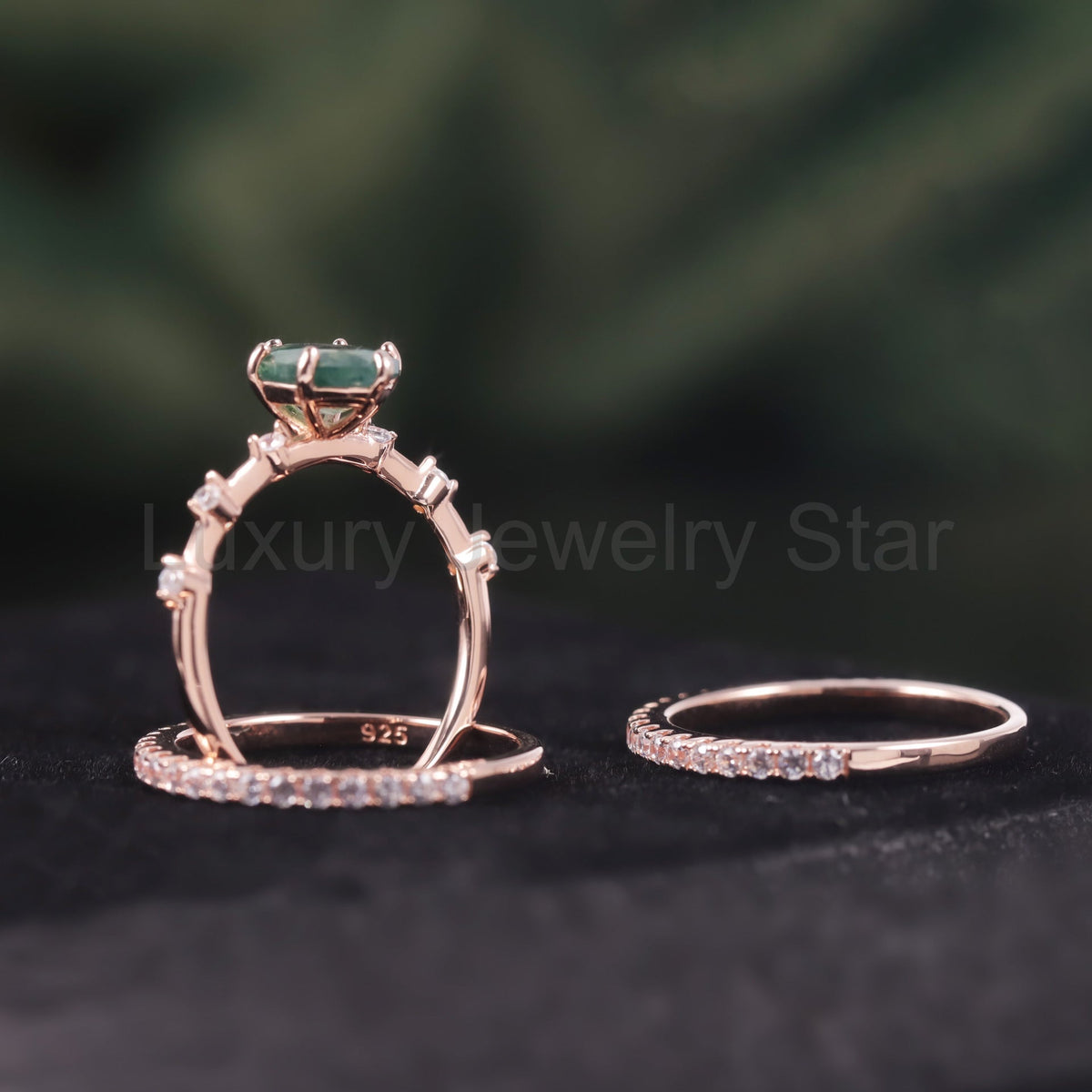 Oval Moss Agate Classic Engagement Ring Set 3pcs - image 4