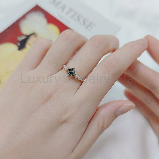 Princess Cut Vintage Moss Agate Cluster Engagement Ring - image 2