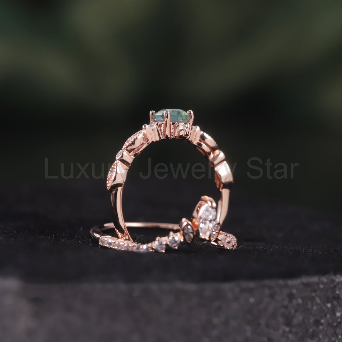 Round Cut Moss Agate Unique Engagement Ring Set 2pcs - image 4