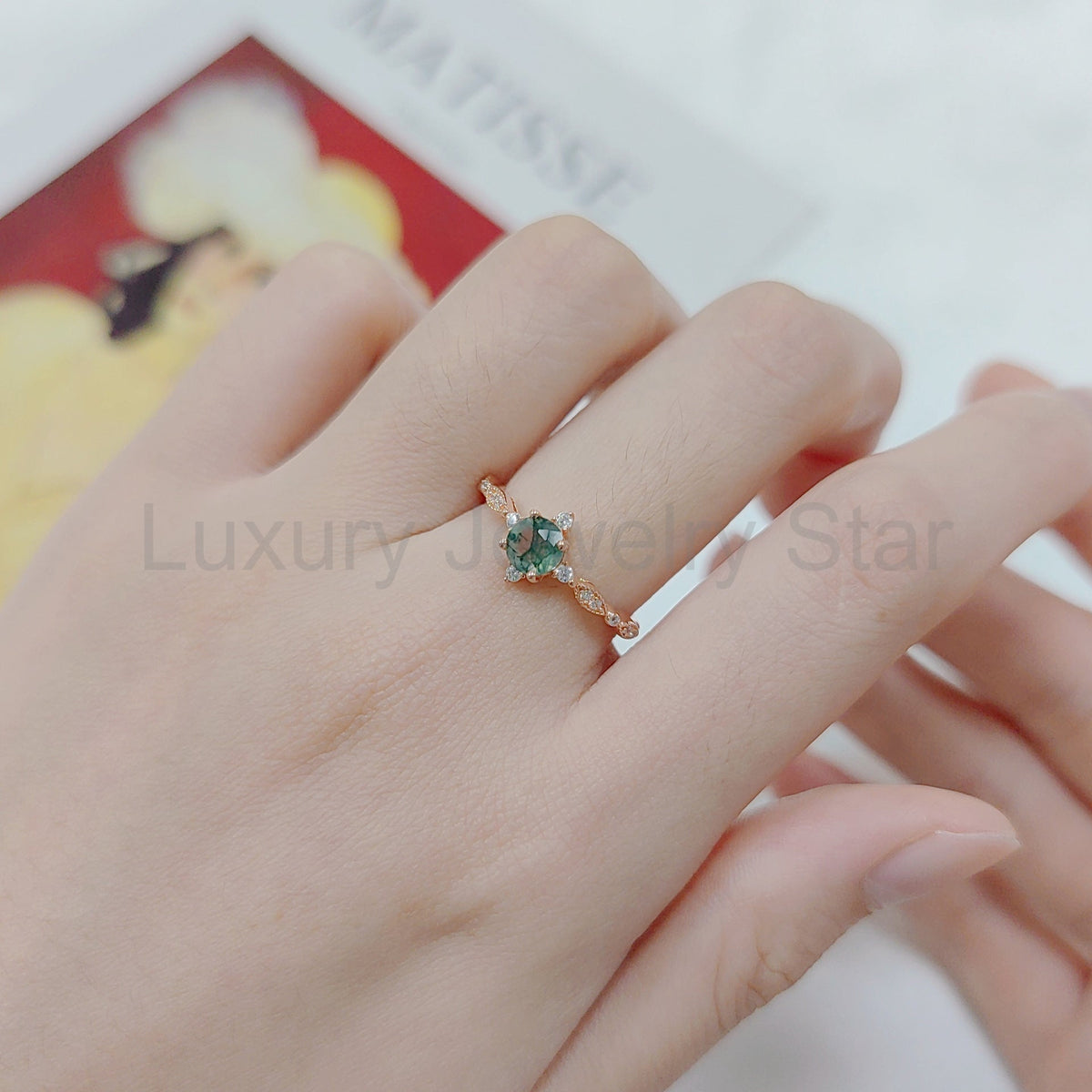 Round Vintage Moss Agate Engagement Ring - image 2