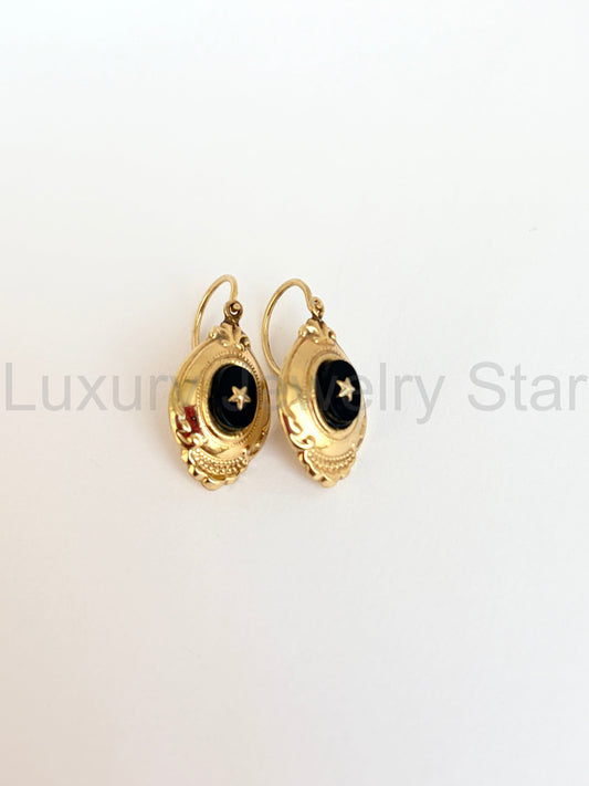 German, 8ct Gold, Art Deco Dormeuse Onyx Star earrings - image 2