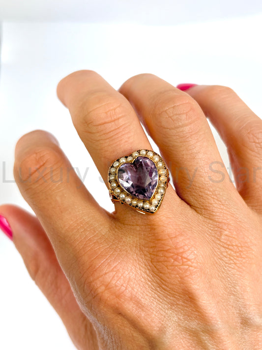 Large, Vintage 15ct Gold Amethyst Heart Ring with Seed Pearls - image 2
