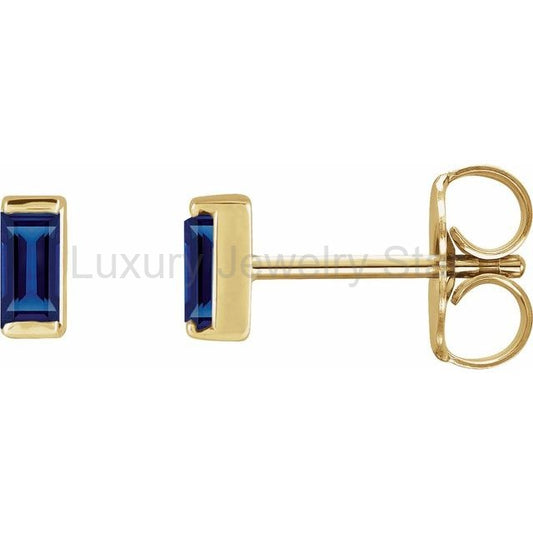 Channel-set Baguette Blue Sapphire Gold or Platinum Stud Earrings - image 2