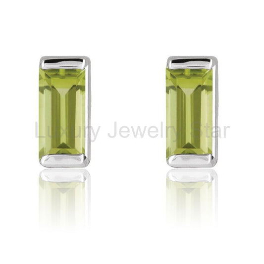 Channel-set Baguette Peridot Gold or Platinum Stud Earrings - image 2