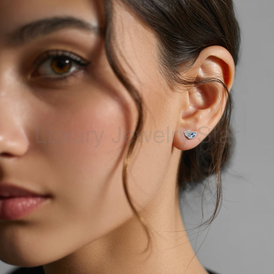 Marquise Aquamarine & Diamond Cluster Gold or Platinum Leaf Stud Earrings - image 2