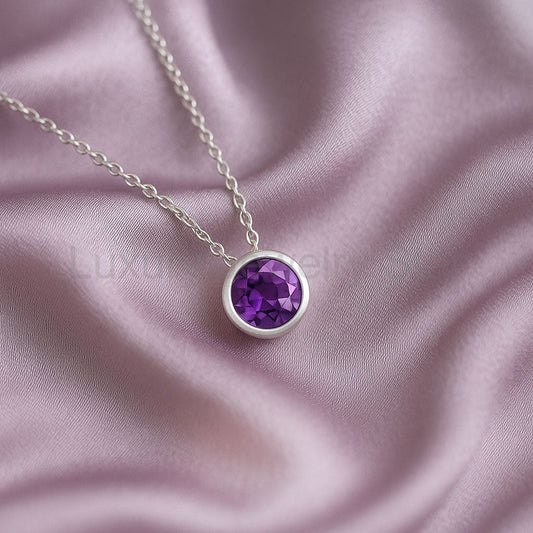 Round Amethyst Sterling Silver Slide Pendant Necklace - image 2