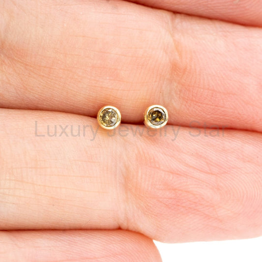 Tiny Cognac Colored Diamond Bezel Set Stud Earrings - image 2