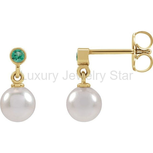 White Akoya Pearl & Bezel Set Emerald Stud Earrings - image 2