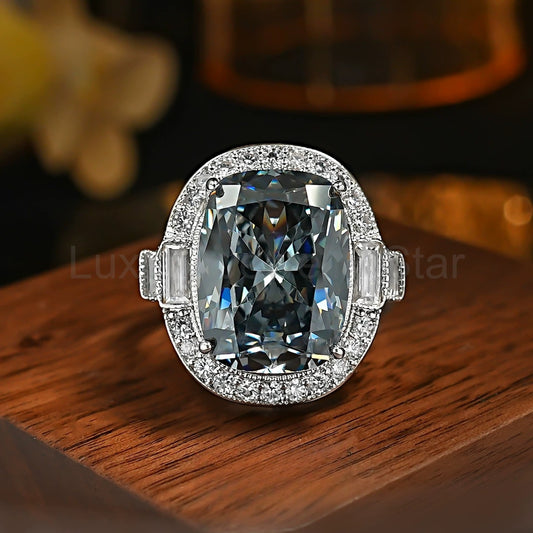 Retro Radiant Cut Colorful Gemstone Engagement Ring with Double Halo & Baguette Accents - image 2