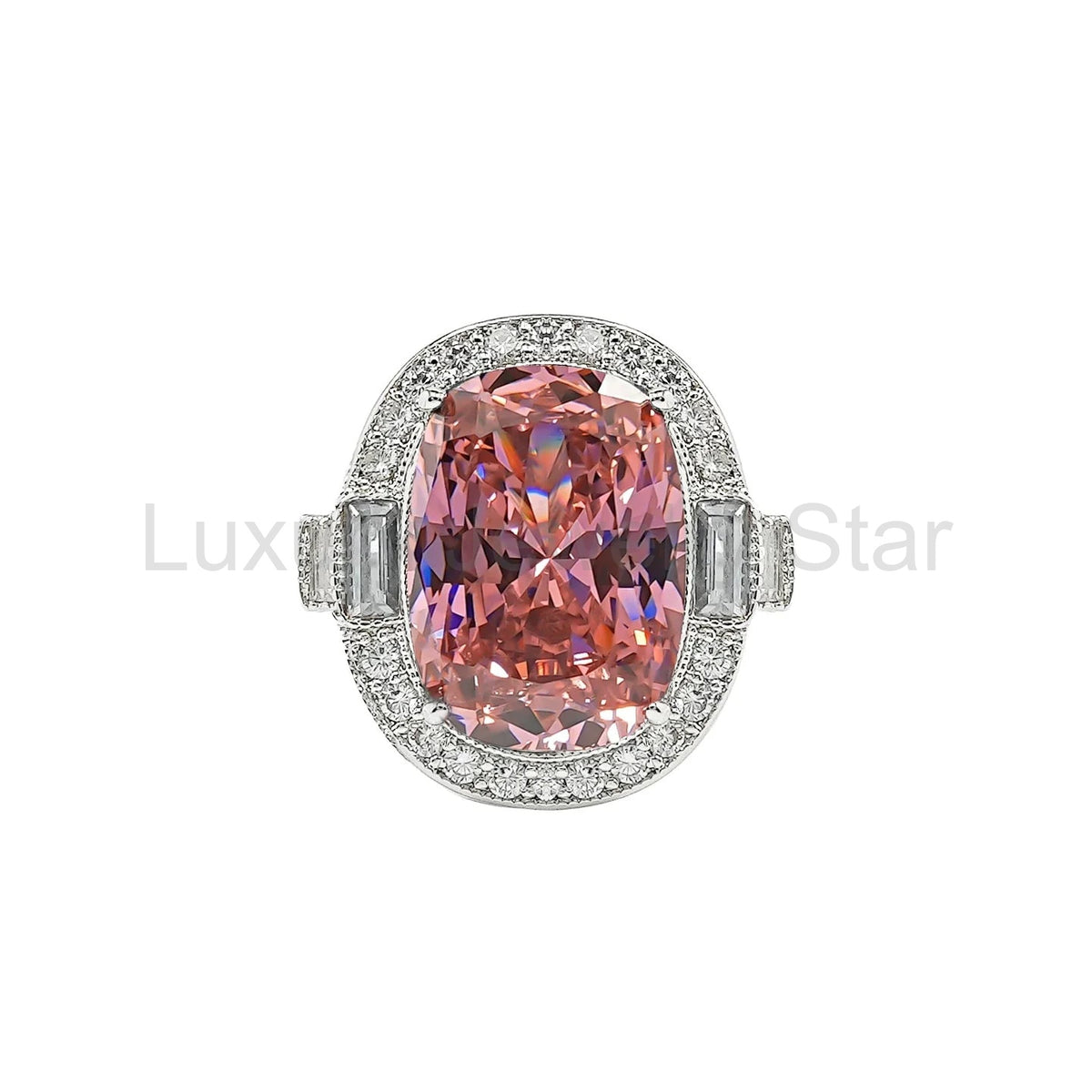 Retro Radiant Cut Colorful Gemstone Engagement Ring with Double Halo & Baguette Accents - image 5