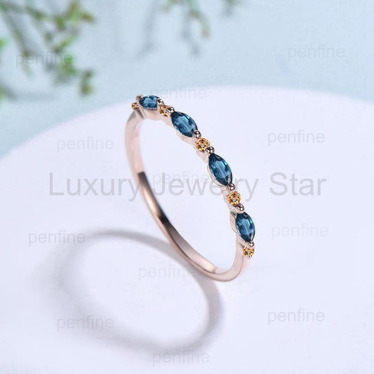 Rose Gold London Blue Topaz & Citrine Stacking Ring, Dainty Marquise Gemstone Eternity - image 2