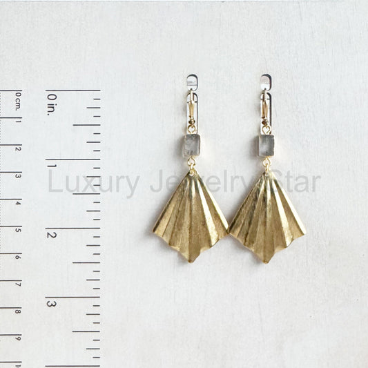 Raw Brass Fan and Rutilated Quartz Dangle Earrings - image 2