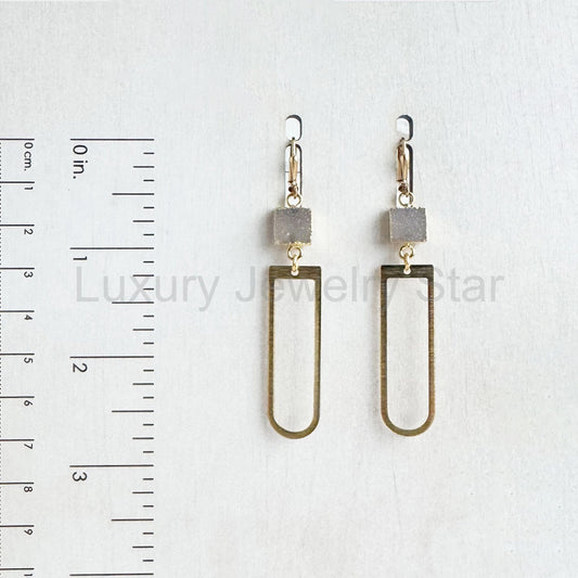 Raw Brass Horseshoe and Natural Druzy Dangle Earrings - image 2