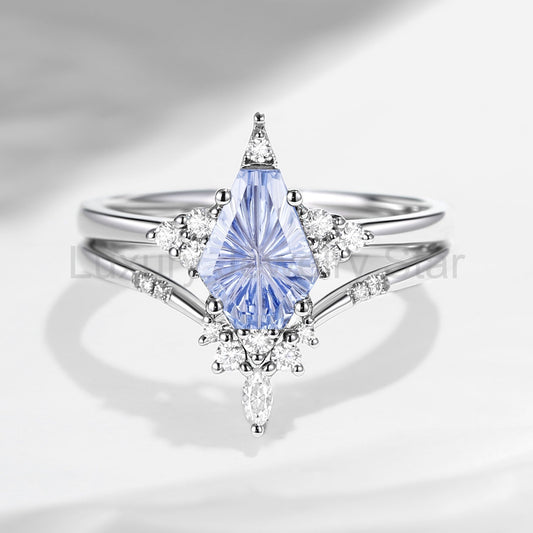 'Coffin Kite' - Fantasy Carved Coffin Lab Cornflower Sapphire Cluster Star Engagement Ring - image 2