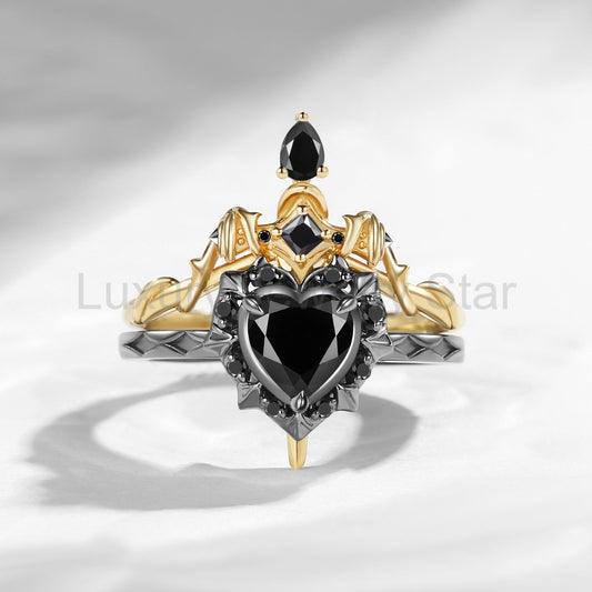 'Cupid's Arrow' - Heart Cut Natural Black Diamond Heart Sword Ring Alternative Bridal Set - image 2