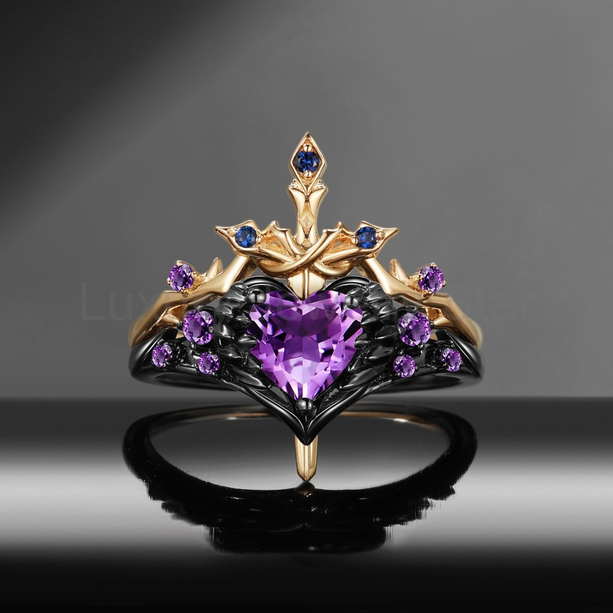 'Pierced Heart' - Gothic Style Garnet Heart Sword Ring Two-Tone Bridal Set 2pcs - image 11