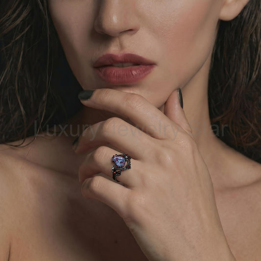 'The Fine Print' - Nature Inspired Coffin Cut Lab Alexandrite Thorns & Roses Bridal Set - image 2