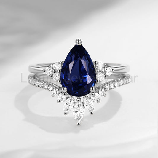 'Vivian' - Classic Style Pear Cut Natural Deep Blue Sapphire Cluster Engagement Ring Set - image 2