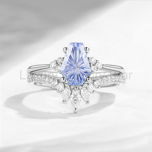 'White Dress' - Fantasy Carved Coffin Lab Cornflower Sapphire Engagement ring Set - image 2