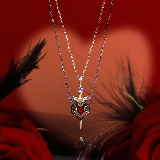 Gothic Style Heart Shaped Garnet Two-Tone Couple Necklaces Set 2pcs - 'Pierced Heart' - image 2
