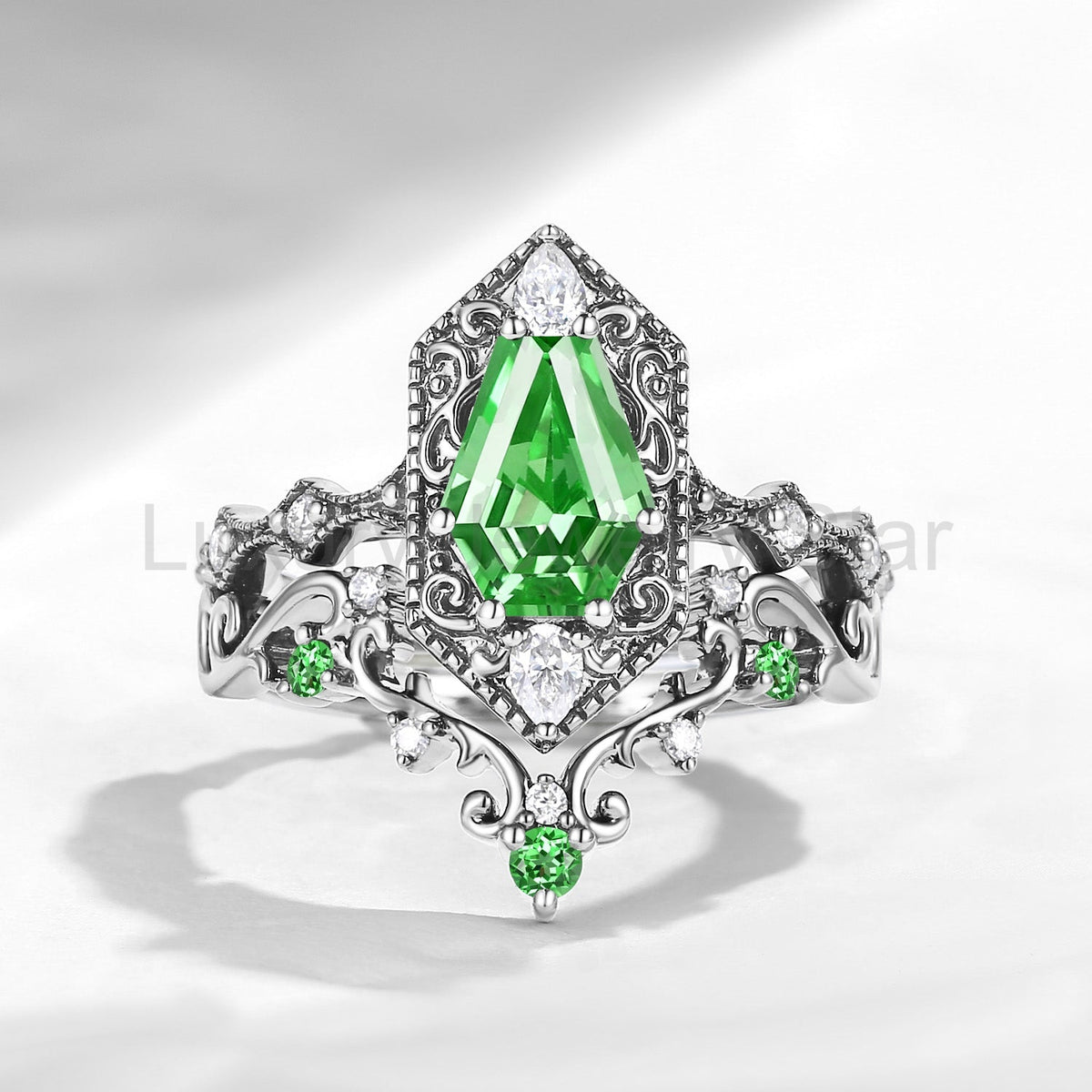 Retro Filigree Coffin Lab Tsavorite Vampire Gothic Black Gold Engagement Ring Set 2pcs - image 6