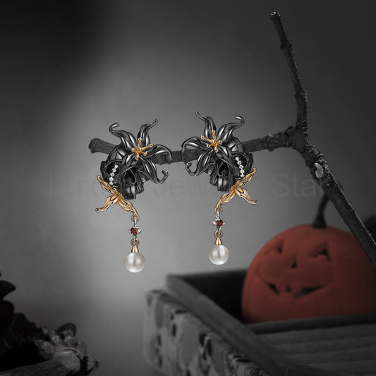 Unique Gothic Flower Inspired Skull & Skeleton Pearl Halloween Earrings - image 2