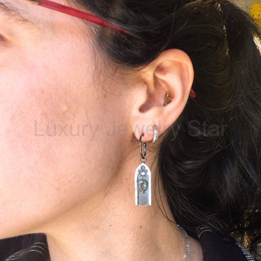 Moss Agate and Sapphire Gothic Arch Hoops - image 2