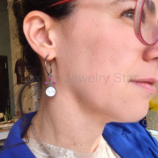 Mother of Pearl and Ruby Moon Hoops - image 2