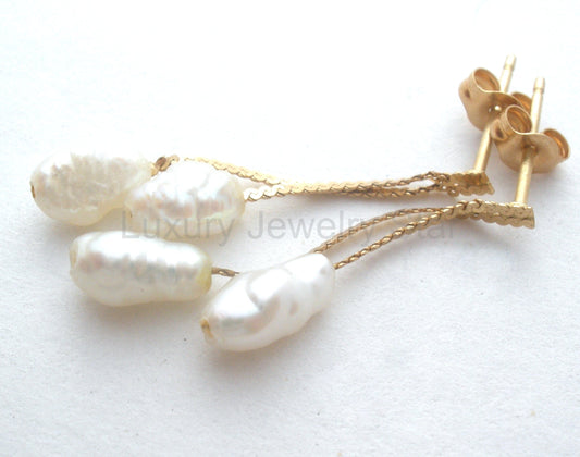 14K Gold Dangle Baroque Pearl Earrings - image 2