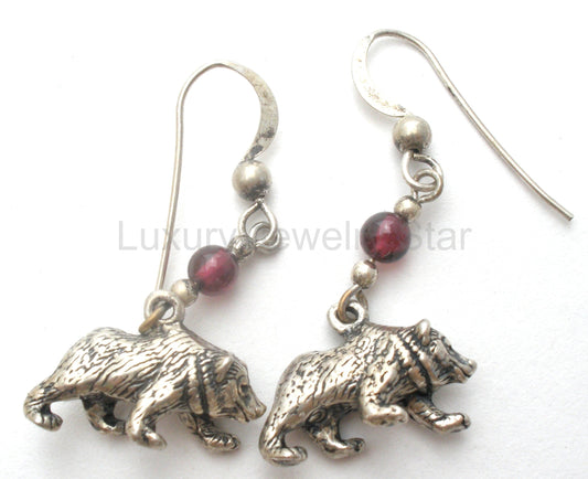 Bear Garnet Bead Dangle Earrings Sterling Silver - image 2