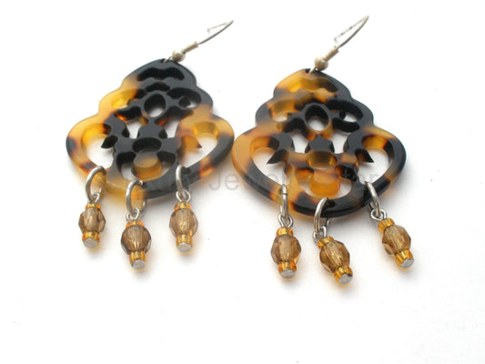 Faux Tortoise Shell & Crystal Bead Earrings 925 - image 2