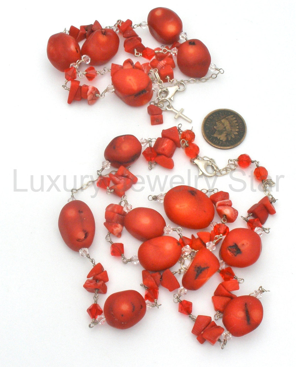 Red Coral & Crystal Bead Necklace Jewelry Set Sterling Silver - image 9