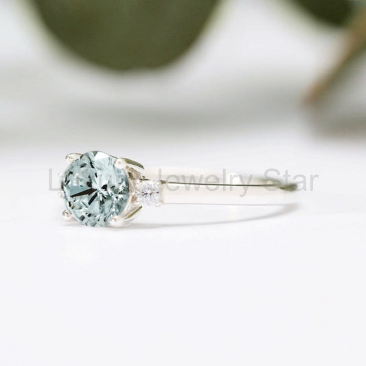 Round Aquamarine Diamond Trilogy Ring - image 2