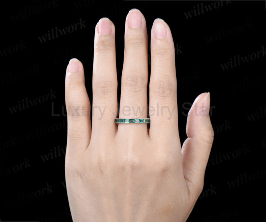 Baguette Cut Emerald Wedding Ring Vintage Milgrain Channel Set Full Eternity Band Stacking Ring Anniversary Gift