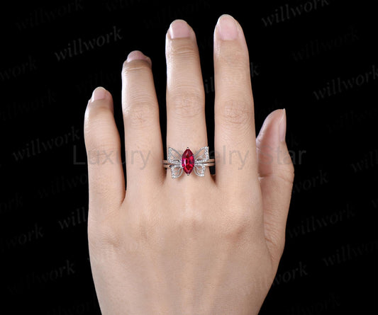 Marquise cut red ruby engagement ring 14k white gold unique butterfly bridal wedding ring - image 2