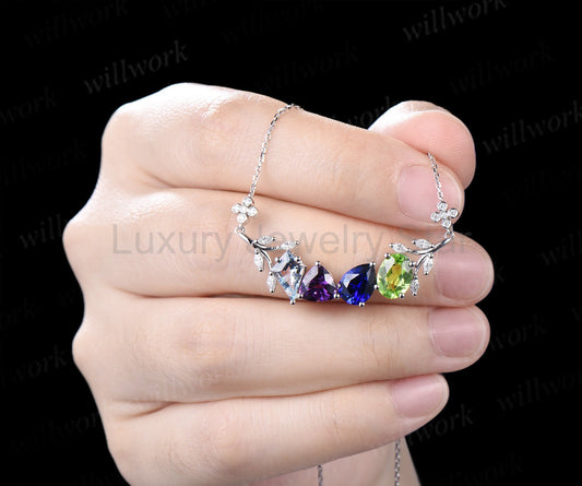 Nature Inspired Aqumarine Amethyst Sapphire Peridot Necklace Leaf Twig Pendant Unique Family Bestie Birthstone Necklace