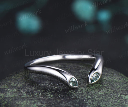 Open gap bezel pear green sapphire wedding band solid 14k white gold stacking bridal ring women silver