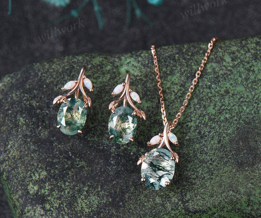 Oval Moss Agate Leaf Necklace Marquise Opal Leaf Necklace Earrings Nature Inspired Twig - image 2