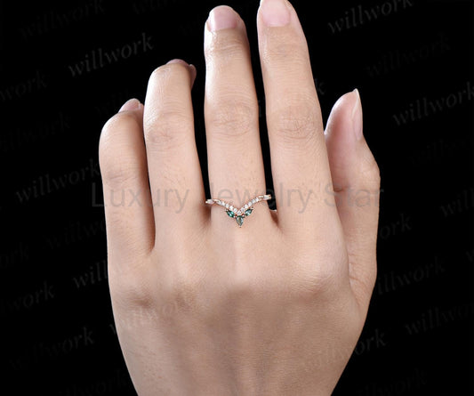 Pear moss agate wedding band rose gold curved marquise emerald opal half eternity moissanite wedding ring women gift