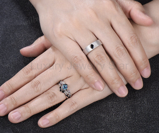 Round Alexandrite Moon Leaf Black Spinel Ring Set & Solitaire Black Onyx Brushed Finish - image 2