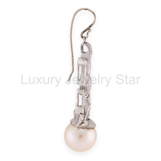 Retro Platinum Diamond & Pearl Drop Earrings - image 2