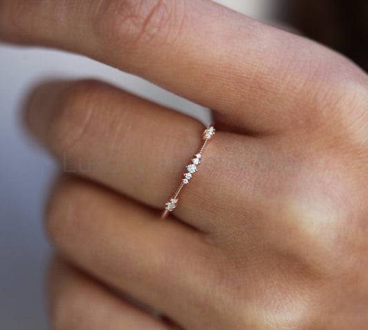Diamond Wedding Band, Delicate Rose Gold Diamond Wedding Ring, Clustered Diamond Ring - image 2